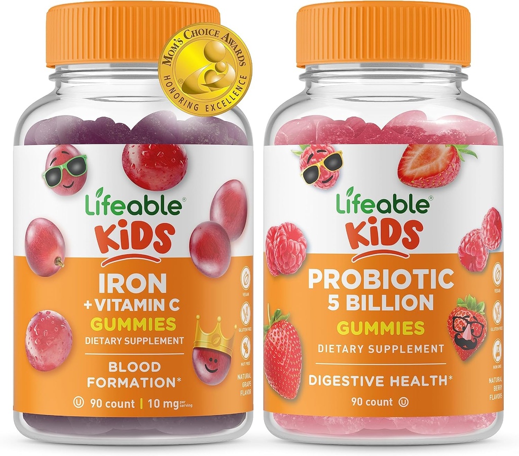 Lifeable Iron & Vitamin C Kids + Probiotics 5 Billion Kids, Gummies Bundle - 훌륭한 타스팅, 비타민 보충, 글루텐 무료, GMO 무료, Chewable Gummy