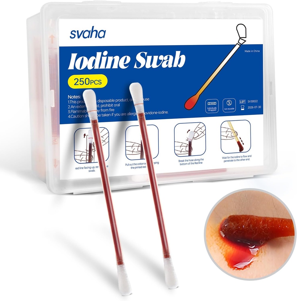 Svaha Povidone Iodine Swabsticks - 250 스틱 개별적으로 포장, 아이오딘 솔루션 출시 때 스냅, 아니 건조, 부상 치료를위한 완벽한, 응급 처치 키트, 여행 및 야외 사용