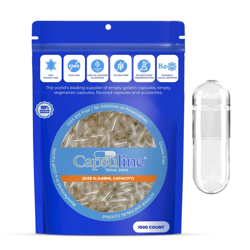 Capsuline 크기 0 빈 젤라틴 캡슐, 맑음 - 1000 개 | 글루텐 무료, 고셔, 비 GMO 인증 | DIY 보충 충전을위한 순수한 덩굴 모자 - 1000
