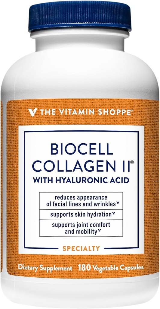 Hyaluronic 산 1000mg를 가진 비타민 Shoppe Biocell 교원질 II - 건강한 피부, 합동 & 연골을 승진시킵니다 - 지원 Hydration & 신축성 - 매일 웰니스 (60 식물성 캡슐)를 위해