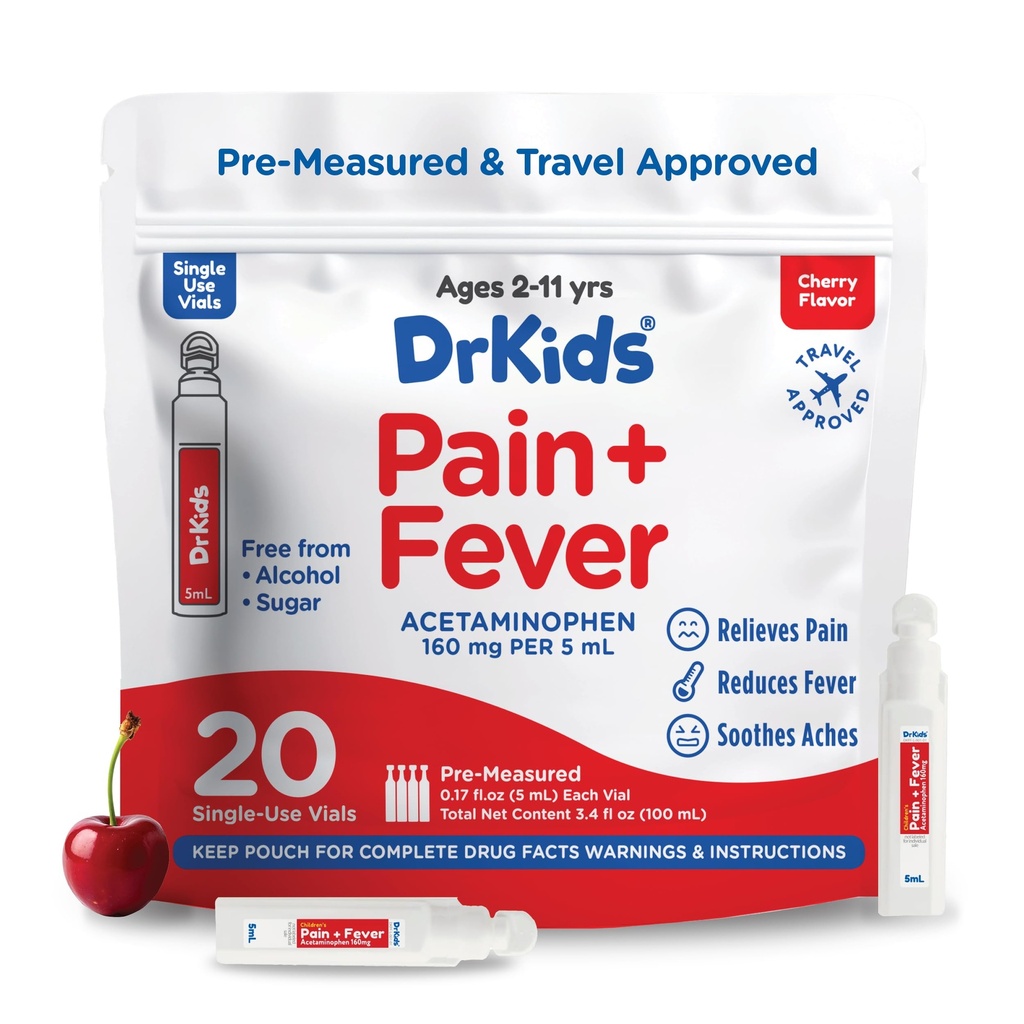 Dr. Kids Children’s Pain and Fever Medicine - Acetaminophen for Kids Ages 2-11, Headache를 위한 Pre-Measured Single-Use Vials, Sore Throat, Cold and Flu, Cherry flavor, 20 Count (Pack of 1)