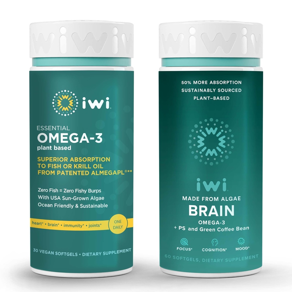 Iwi Omega-3 Essential & Brain Omega-3 번들, 30 서빙, Vegan Plant-Based Algae Omega 3 EPA + DHA, Krill & Fish Oil Alternative, No Fishy Aftertaste