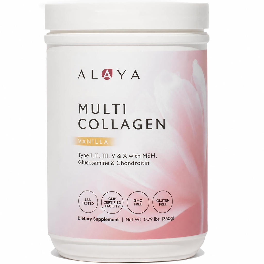 Alaya 멀티 콜라겐 분말 - 유형 I, II, III, V, X는 MSM + GC (Vanilla)를 가진 교원질 펩티드 단백질 분말 보충교재를 가수분해했습니다