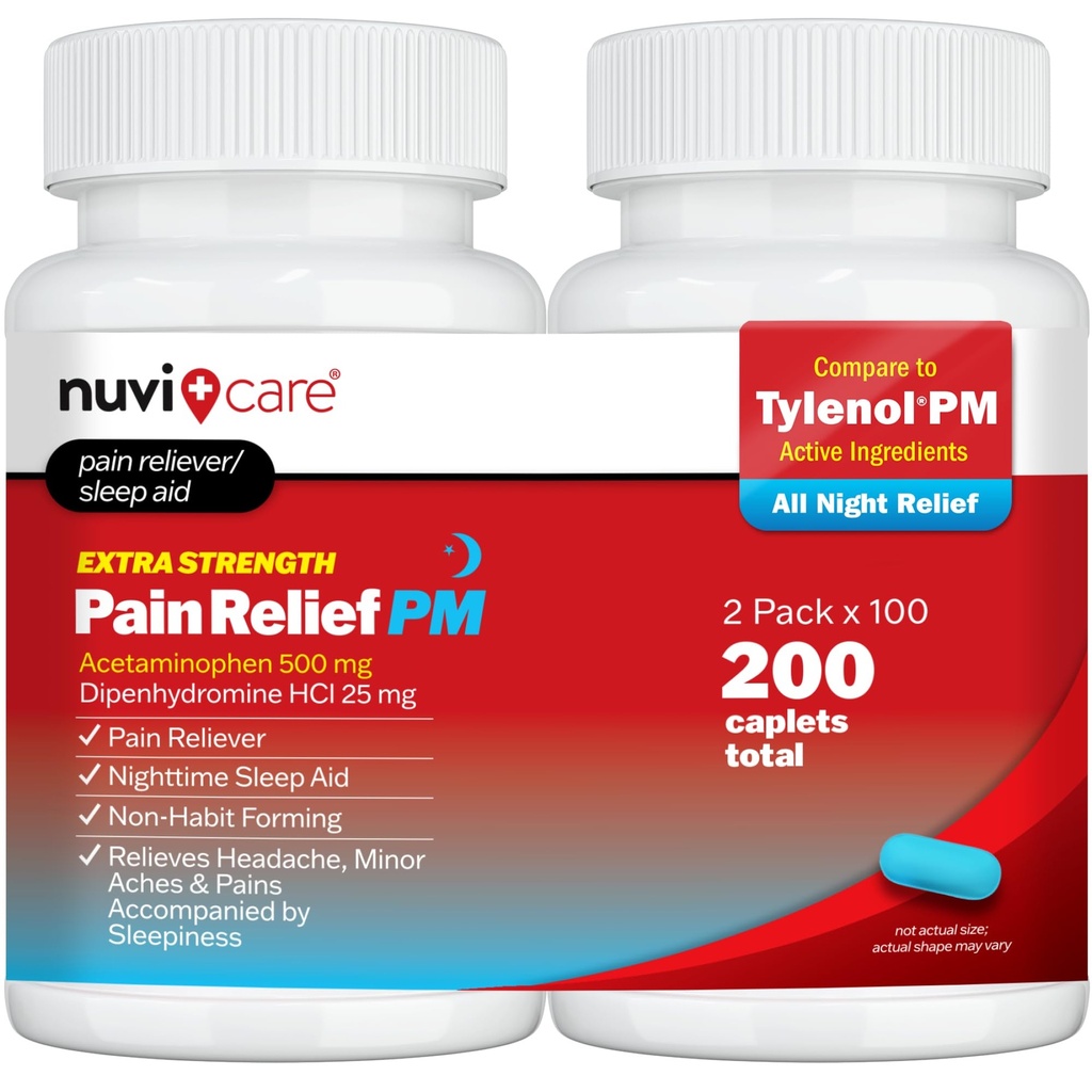 추가 강도 통증 완화 PM - Acetaminophen 500mg & Diphenhydramine 25mg - Tylenol PM Extra Strength Sleep Aid와 비교 - 야간 통증 및 통증을위한 성인 PM Pain Reliever (100 정제)