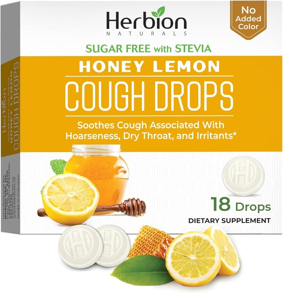 HERBION Naturals Cough Drops, Stevia, Dietary Supplement, Soothes Cough, 성인 및 어린이 6 년 이상, 25 드롭 각각 (18 개), 꿀 레몬)
