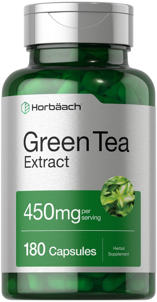 Horbäach 녹차 추출물 캡슐 450mg | 180 개 | 초본 보충 | Non-GMO 및 글루텐 무료