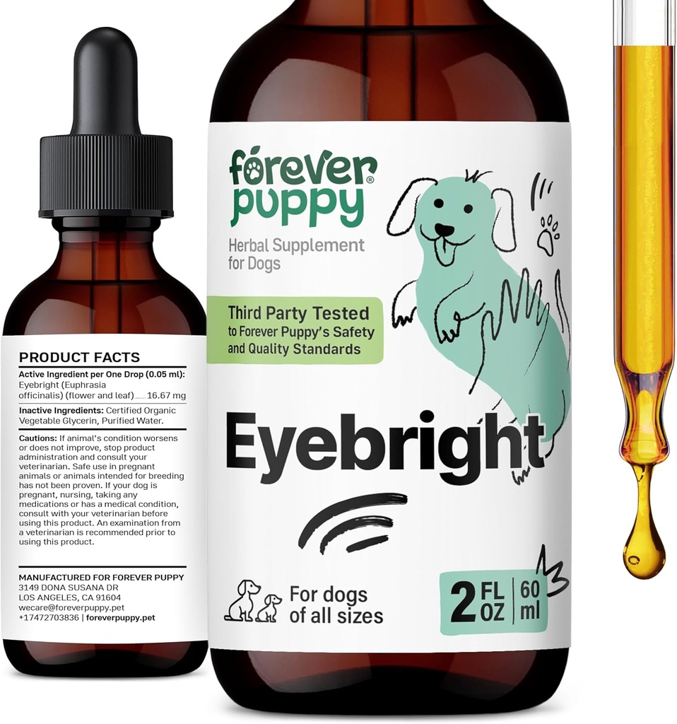 개를위한 영원히 강아지 아이브라이트 드롭 - Soothing Eyes Irritation을위한 아이브라이트 허브 Tincture - 모든 품종 및 크기의 개를위한 액체 눈 건강 지원 보충 - 2 oz