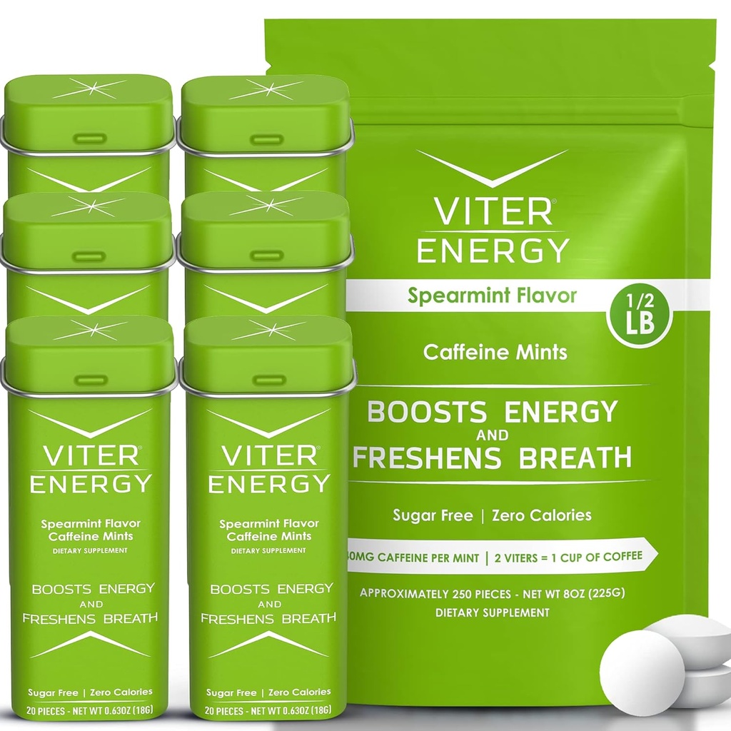 Viter Energy Original Caffeine Mints Spearmint flavor 6 Pack 및 1/2 Pound Bulk Bag 번들 - 40mg Caffeine, B 비타민, 설탕 무료, Vegan, Focus 및 Alertness 용 강력한 에너지 부스터