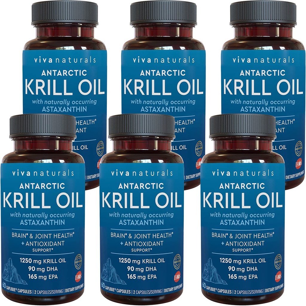 Viva Naturals Antarctic Krill Oil 1250 mg, 오메가 3 EPA DHA 및 Astaxanthin, 산화 방지제 재산을 가진 합동 지원 및 뇌 보충교재, No Fishy Aftertaste (6의 포장)