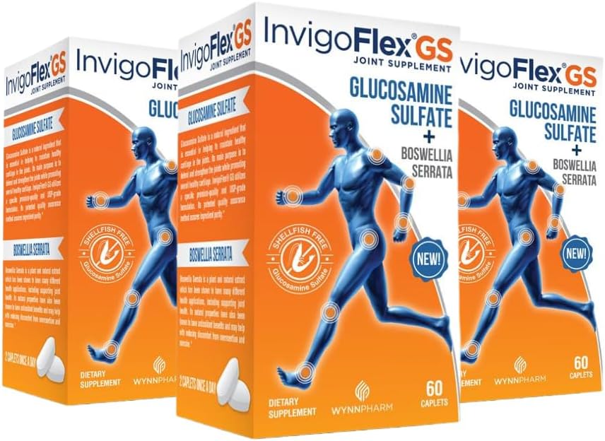 INVIGOFLEX Glucosamine 황산염 (Shellfish Free, Sodium Free & Vegetarian Safe) 비 GMO, 글루텐 무료 - Boswellia Serrata - 프리미엄 공동 보충 GS - 3 팩