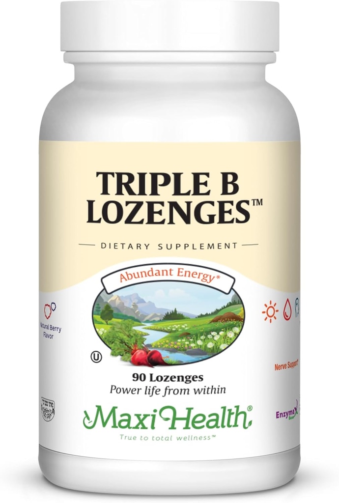 맥시 건강 트리플 B Lozenges - 비타민 B12 & B6 & Biotin - 딸기 맛 - 90 Chewies - 코셔