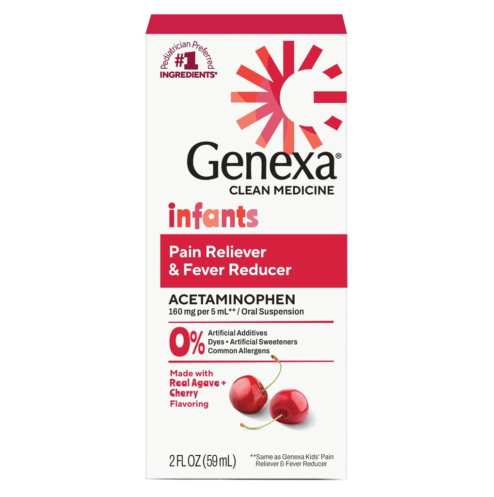 Genexa Infants' Clean Acetaminophen | 소아과 선호하는 성분 | 아기를 위한 진통제 및 발열기| 염료 무료, 0% 인공 첨가물 | Delicious Organic Cherry flavor, 2 fl oz