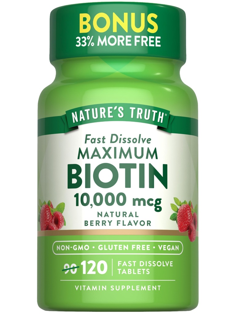 자연의 진실 Biotin 10000mcg | 120 빠른 용해 정제 | 최대 강도 | 천연 베리 맛 | Vegan, Non-GMO & 글루텐 무료 보충