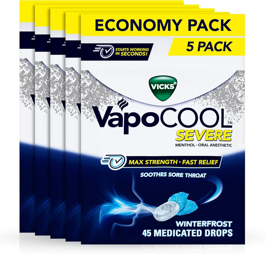 Vicks VapoCool Severe Sore Throat Drops, 최대 강도 Menthol, Soothes Sore Throat Pain, Winterfrost 맛, 225ct (5 팩 45ct)