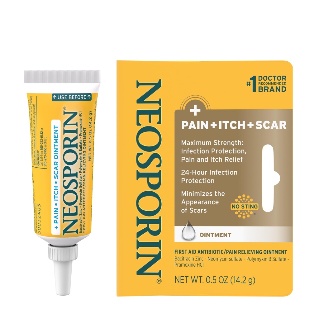 Neosporin Antibiotic Pain-Relieving, Anti-Itch, & Scar 외관 Neomycin & Bacitracin 아연을 가진 Minimizer 연고, 광부 커트, 스크랩 & 화상, .5 oz를 위한 24 시간 감염 보호