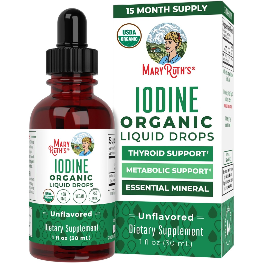 MaryRuth Organics Iodine Liquid Drops | 칼륨 이오디드 | 1 년 공급 | 450 서빙 | Thyroid Health | USDA Organic | Vegan | Non-GMO | 글루텐 프리 | 1 Fl Oz
