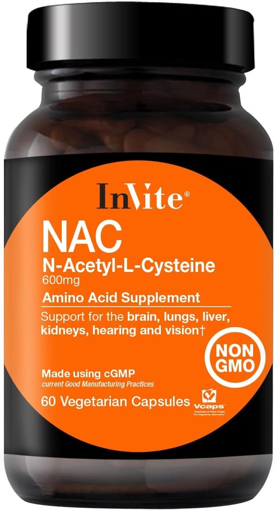 Invite Health N-Acetyl Cysteine (NAC) - Liver 및 Brain Health 지원 - 필수 아미노산 L-Cysteine 및 Tripeptide Glutathione에 Precursor - 60 채식 캡슐 (2 팩)