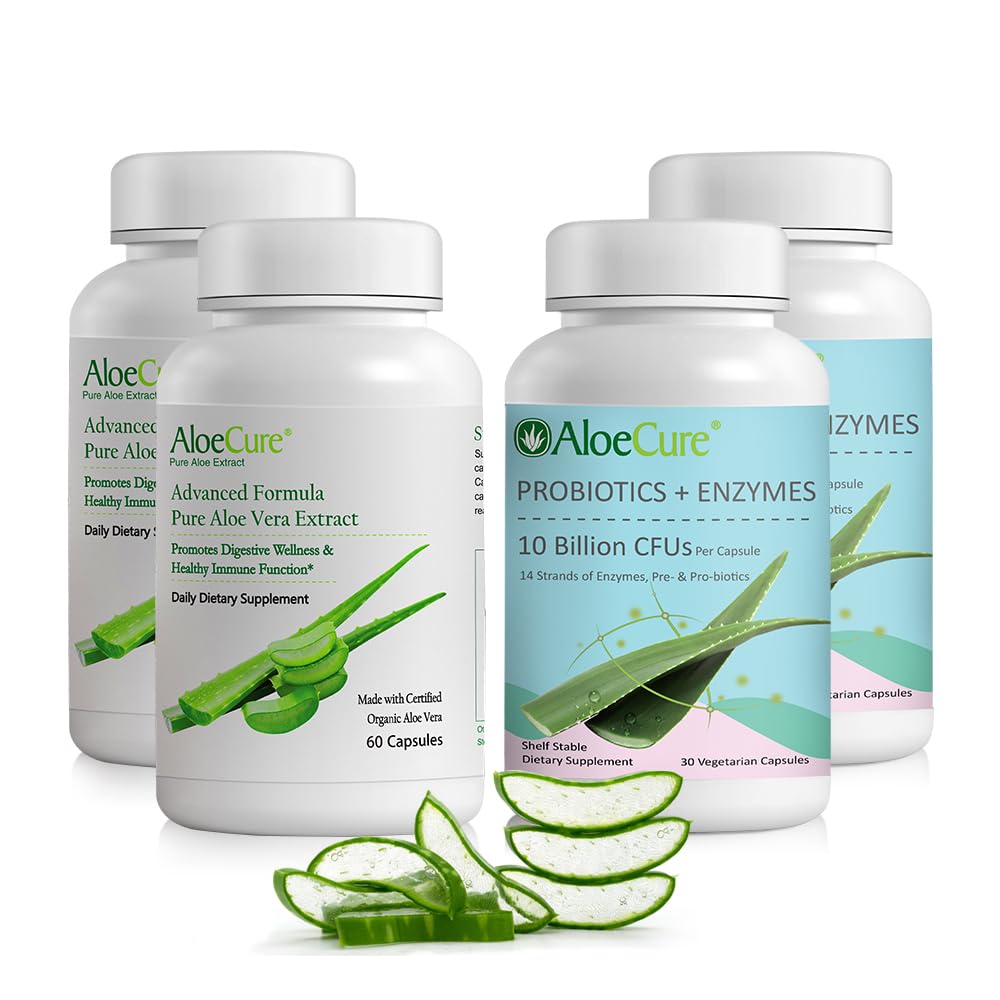 AloeCure 유기 알로에 Vera 캡슐 팩 - 4개 조각 - 2개의 x 알로에 Vera 캡슐, 2개의 x Probiotics + 효소