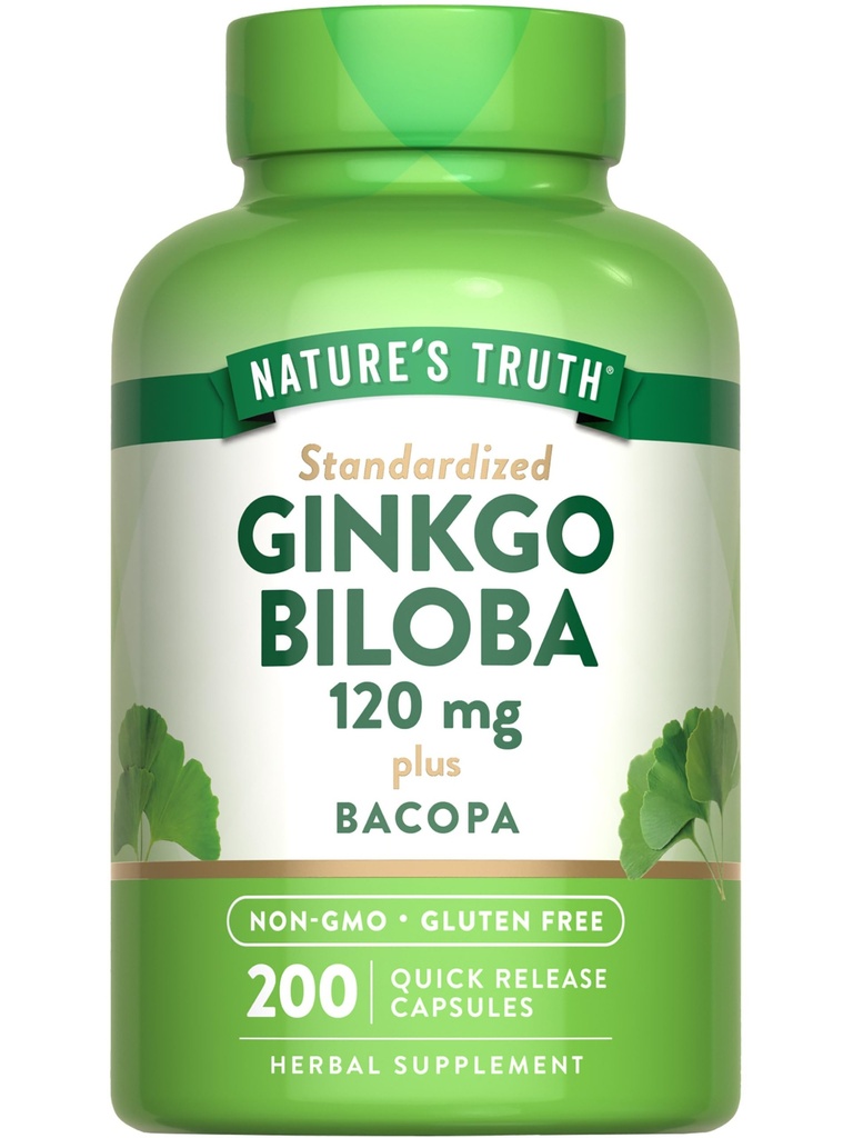 Nature's Truth Ginkgo Biloba 120mg | Plus Bacopa | 200 빠른 릴리스 캡슐 | 표준화 된 추출물 | Non-GMO 및 글루텐 무료 보충