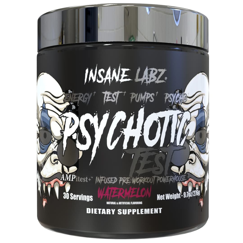 Insane Labz Psychotic 시험, 높은 자극 테스토스테론 에너지 및 펌프 DMAE Bitartrate, D Aspartic 산, Creatine HCL 및 글리세롤 Monostearate, 30의 서빙, 수박을 가진 전 운동 분말을 밀어