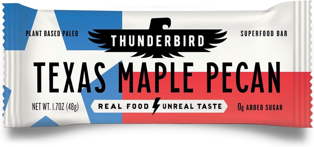 Thunderbird Bar 에너지 스낵, Gluten-Free 단백질, 건강한 진짜 음식, Vegan Paleo Non-GMO, 추가 설탕, 텍사스 메이플 Pecan 맛 (12 개, 1.7 oz. 바)