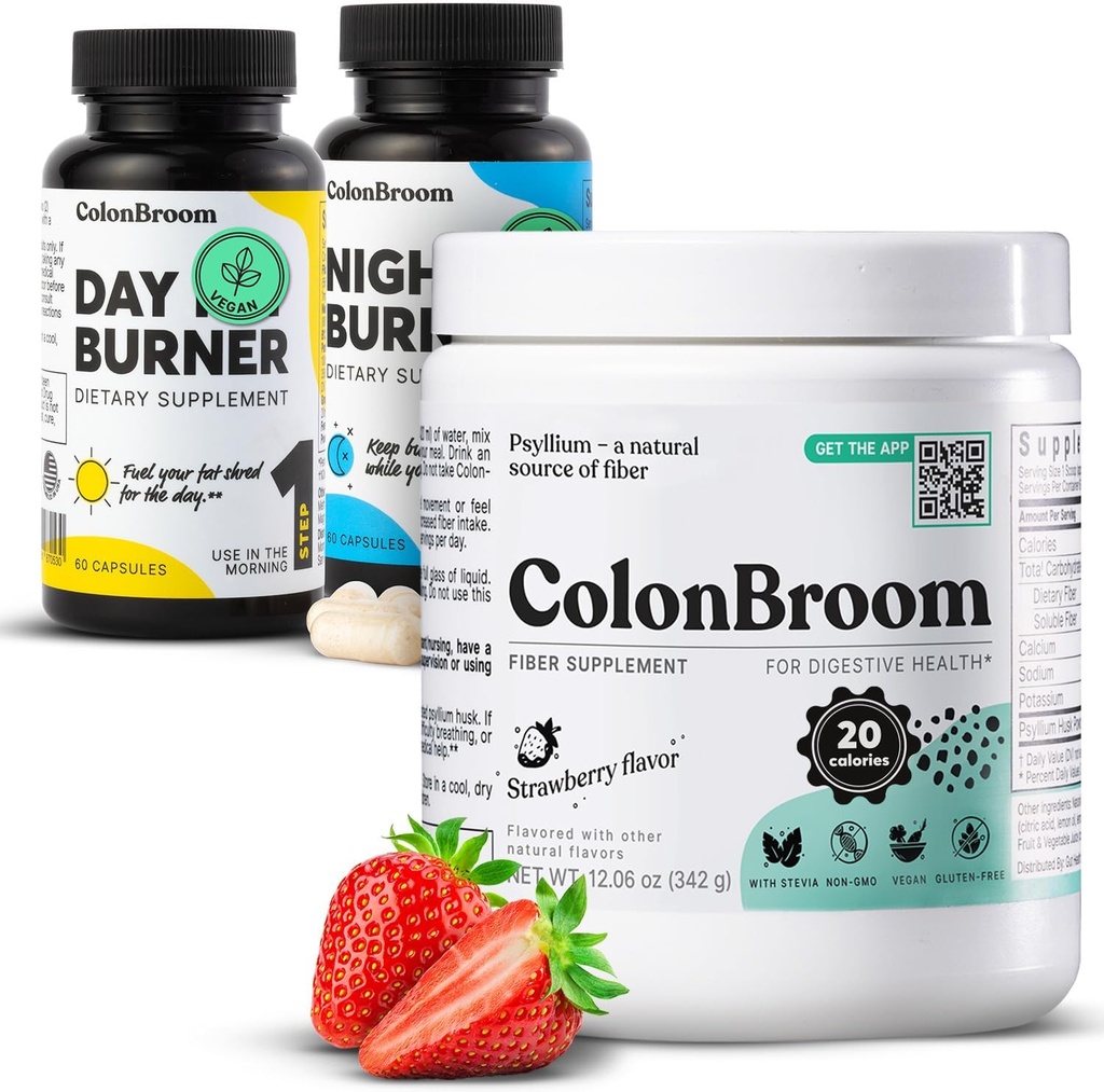 ColonBroom Psyllium Husk Powder, Colon Broom Colon Cleanser Fiber Supplement for Bloating Relief & Gut Health + Day & Night Burner Supplements, 체중 관리 알약 (60 서빙), 3 항목
