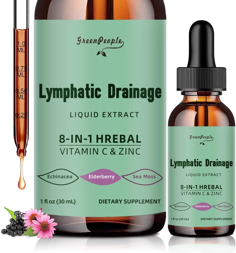GREENPEOPLE 림프 배수장치 - 10-in-1 림프 정화 보충 w/Echinacea, 클레버 & Burdock 뿌리 - 면역 지원, Cleanse & Detox - 고급 흡수, 비 GMO (1 fl oz, 2 팩)