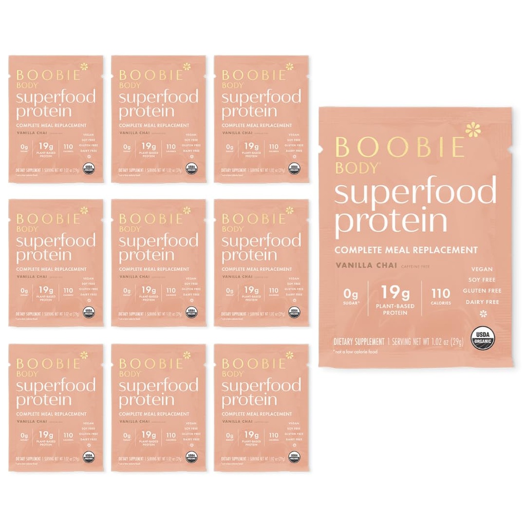 Boobie Body Superfood Protein Meal Replacement Shake, Vanilla Chai flavor | 19g Protein | 임신, Lactation, & Motherhood | 유기농, 채식, 제설 설탕, 10 싱글 세브 패킷 (1.02 온스)