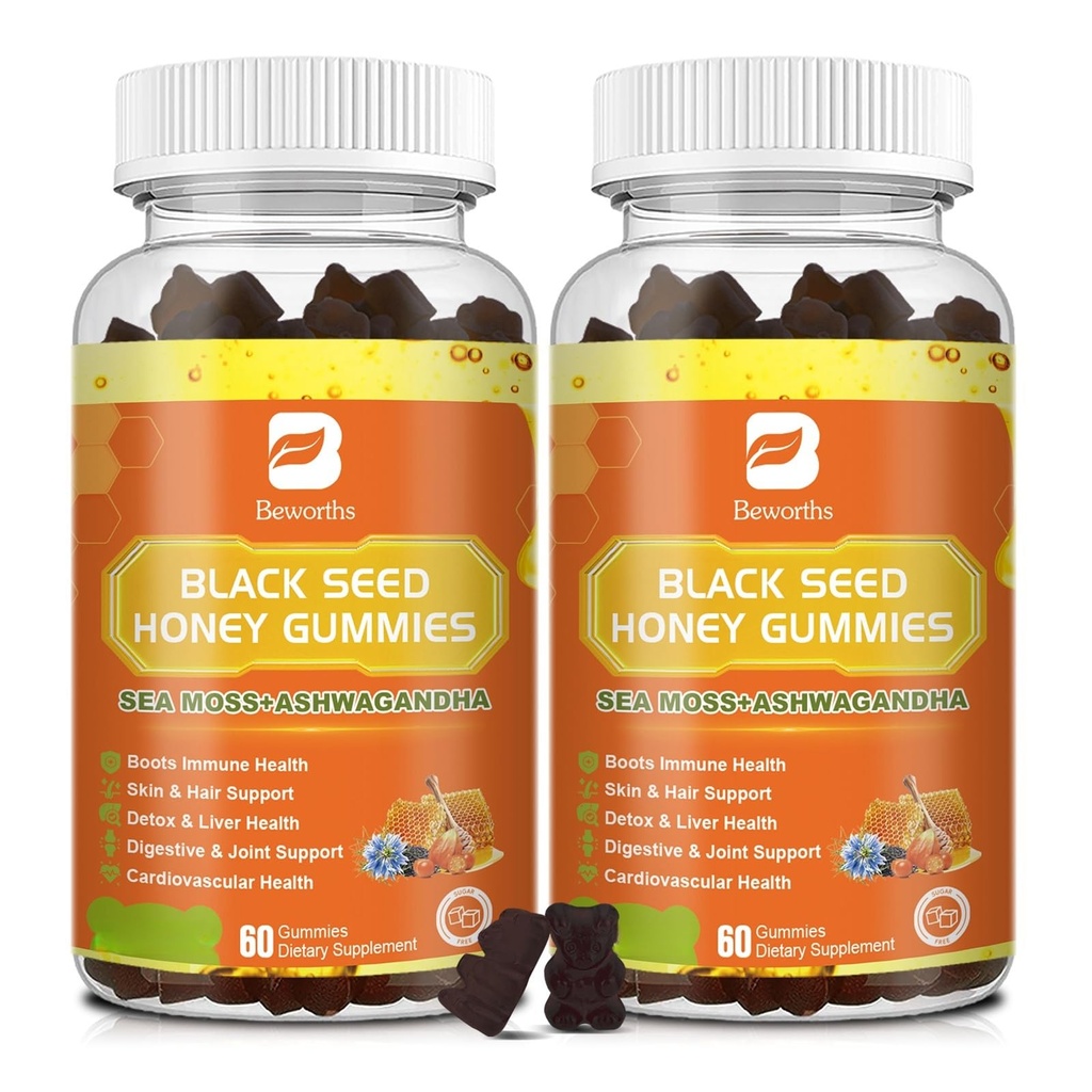 (2 팩) Ashwagandha, Burdock 뿌리, Linden 꿀, Elderberry, Turmeric, 비타민 C, D3 및 아연과 검은 씨앗 오일 바다 Moss Gummies - 면역, 관절, 머리 및 피부, Vegan Gummies 120 지원