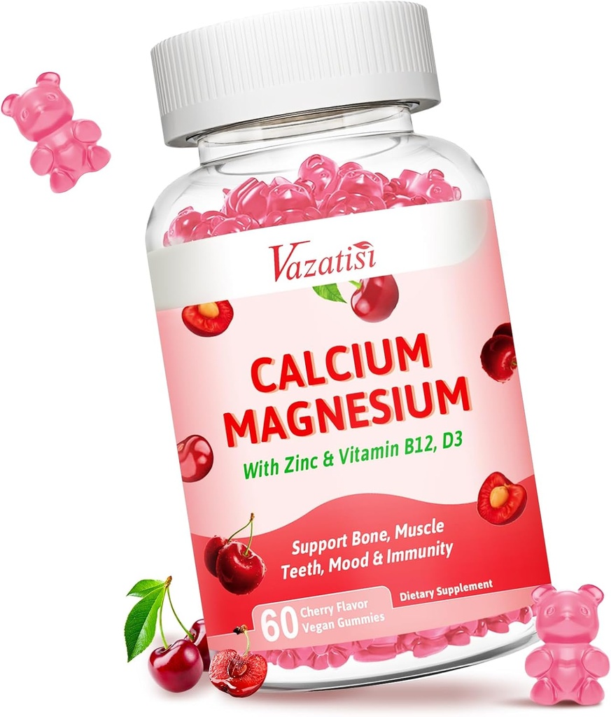 칼슘 마그네슘 아연 Gummies, 칼슘 마그네슘 2 : 비타민 D3 및 B12 지원 근육, 계류 및 면역성, 60 Vegan Cherry 풍미 Gummies