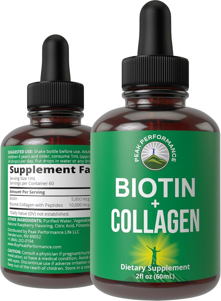 Biotin을 가진 여성과 남성을 위한 액체 교원질. 머리 성장, 피부, 손톱을위한 고급 2-in-1 구두 드롭. 10,000 mcg 둔감한 교원질 펩티드 + 5,000 mcg Biotin. 글루텐 무료, Zero Sugar 보충 교재