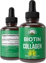 Biotin을 가진 여성과 남성을 위한 액체 교원질. 머리 성장, 피부, 손톱을위한 고급 2-in-1 구두 드롭. 10,000 mcg 둔감한 교원질 펩티드 + 5,000 mcg Biotin. 글루텐 무료, Zero Sugar 보충 교재
