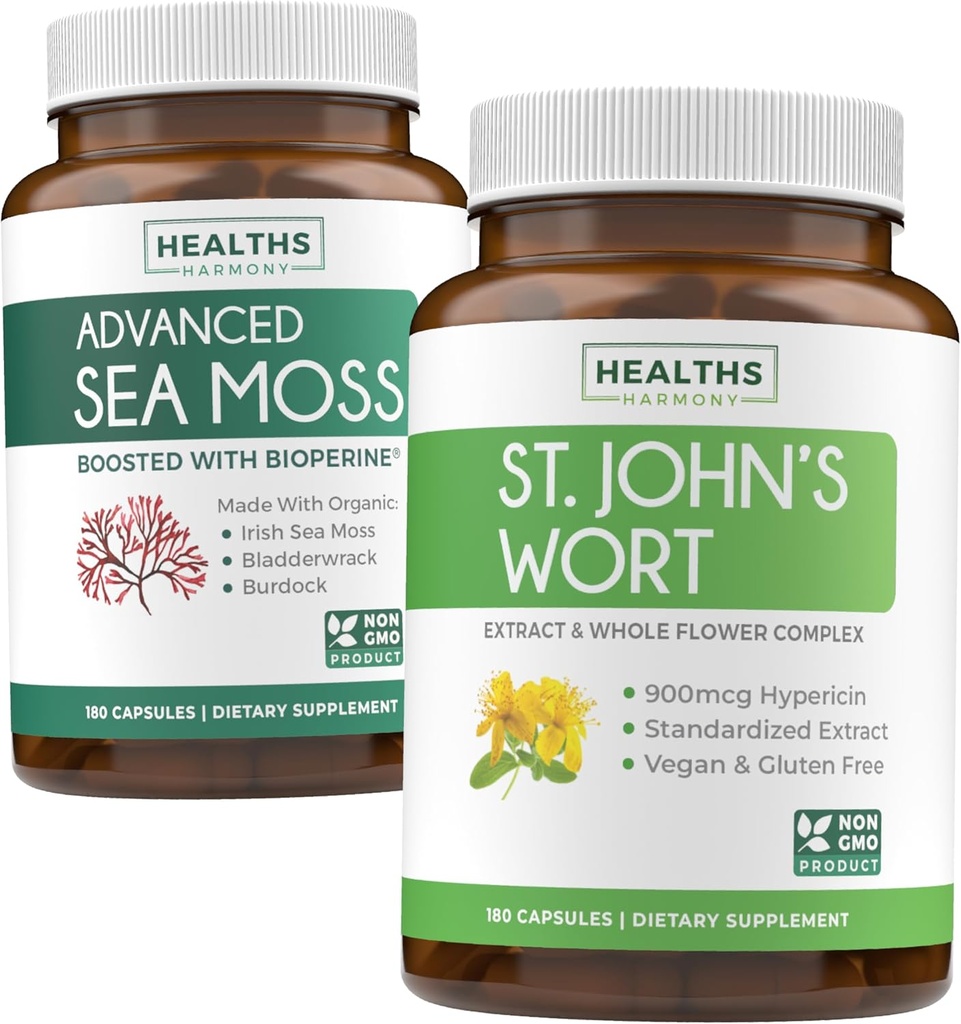 Sea Moss & St. John 's Wort (2 개월 공급) 무드 모스 혼합 - 유기 아일랜드어 Sea Moss - Raw Vegan Supplement (180 모자) & St John 's Wort 강력한 900mcg Hypericin Vegan Non-GMO (180 캡슐)