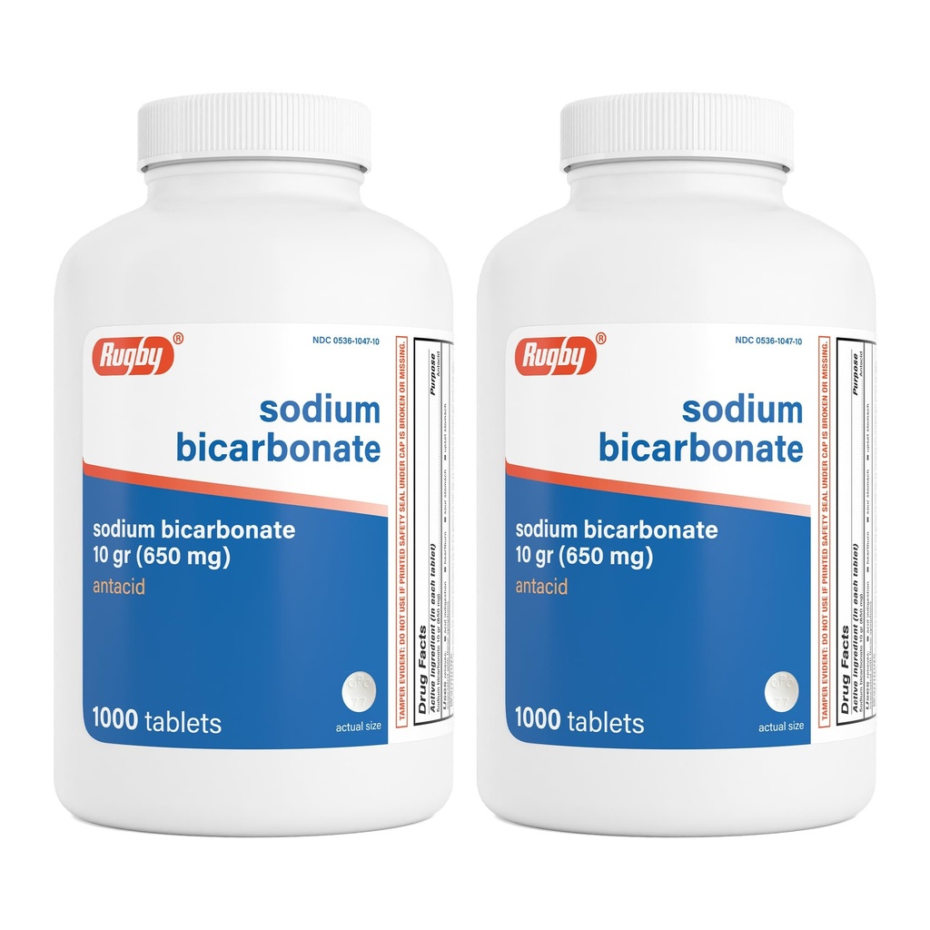 럭비 나트륨 중탄산염 650 mg Antacid 정제 - Heartburn, Sour Stomach & Indigestion, 1000 조사 (2 팩)를 위한 기복