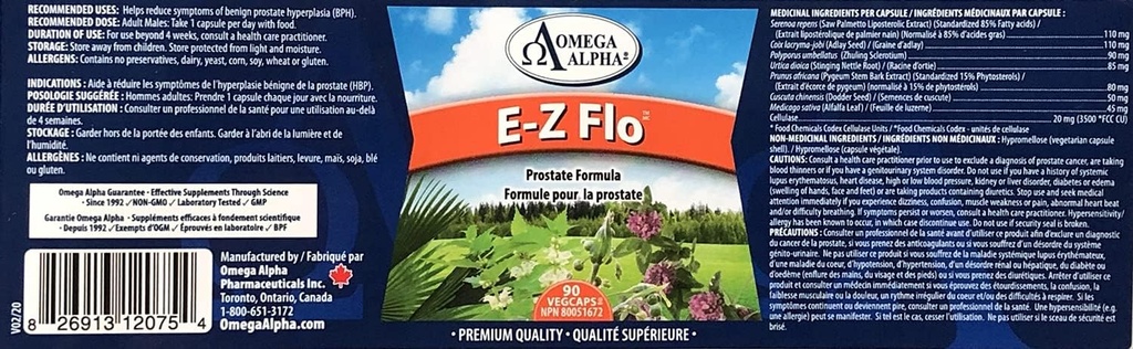 오메가 알파 E-Z FloTM (Saw Palmetto Seeds Extract)-Prostate Formula-90Veg 캡슐