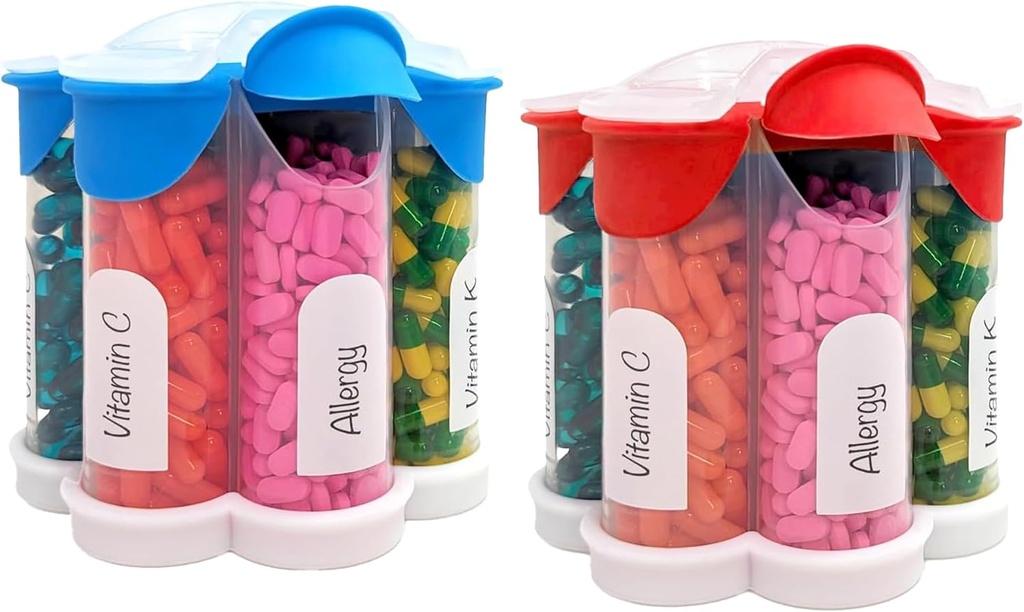 Extra Large Pill 주최자 매일, 주간, 월간 보충 병, 7 XL Compartments (2 팩 콤보)가있는 귀여운 Blossom Pill 분배기 (Light Blue 및 Red)