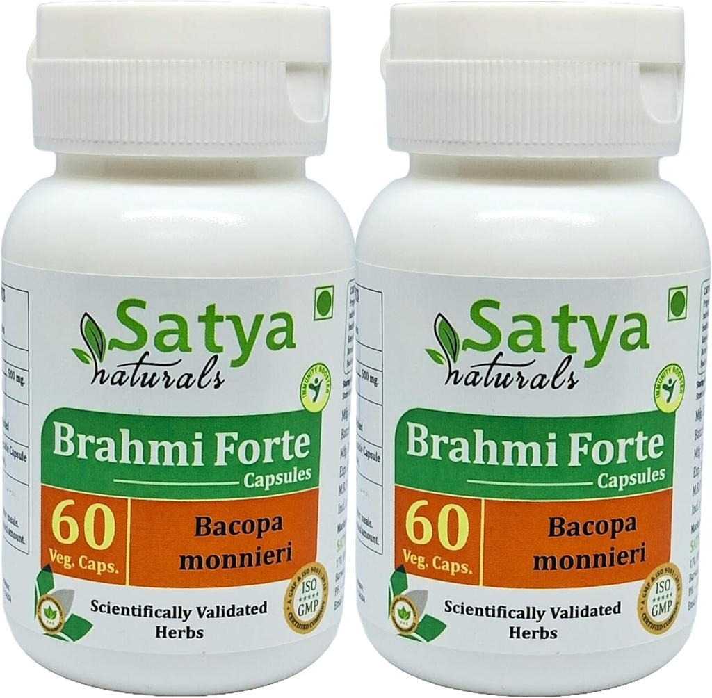 Brahmi Forte 캡슐 500 mg. 60 Veg. 캡슐 | Brahmi (Bacopa Monnieri) 남성과 여성을위한 캡슐을 추출 | Ayurvedic Herbal Supplement/Remedies | 10:1 Forte (2 병 60 캡슐)