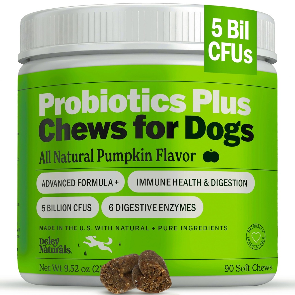 Deley Naturals Probiotics Plus Chews for Dogs, Gut Health Supplement, 5 Billion CFU's, 소화 효소, Prebiotics, Dog Allergies, Diarrhea, Yeast, 호박 맛, 90 Count - 미국에서 만든