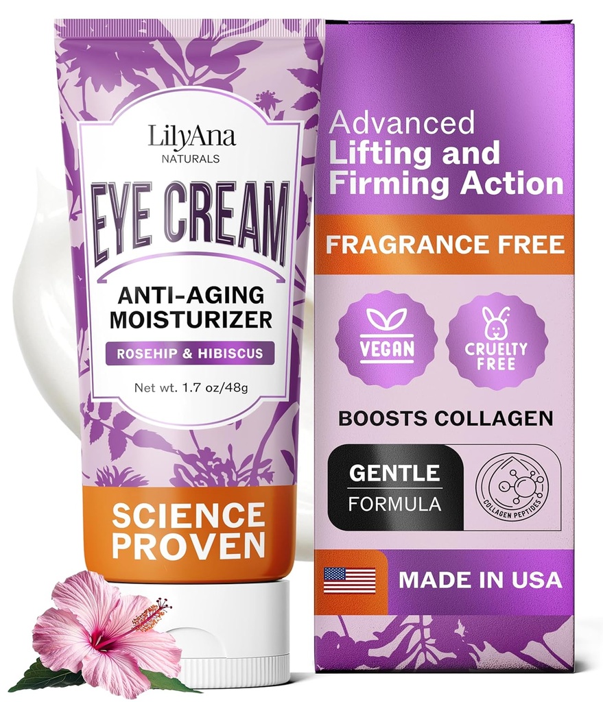 LilyAna Naturals Eye Cream for Dark Circles and Puffiness, 주름과 가방에 대한 아이 크림 아래, 노화 방지 - 건조를 개선하는 데 도움이; Sensitive Skin - 1.7 oz - 미국에서 만든