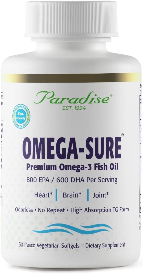 Paradise Herbs Omega-Sure, Omega-3 농축물, 프리미엄 생선 기름, DHA, EPA, Vegan, 비 GMO, 글루텐, 30 카운트 채식 Softgels