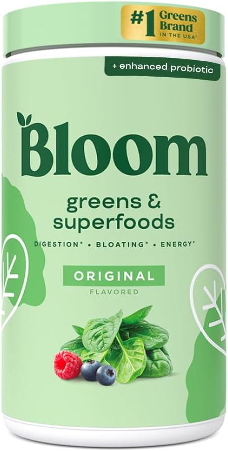 Bloom Nutrition Superfood Greens Powder, Probiotics 및 Prebiotics, Gut Health, 여성, Chlorella, Beet Root Powder, 60 SVG, Original을 가진 녹색 주스 혼합을위한 부유 한 효소