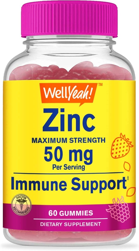 WellYeah 아연 Gummies 50 mg - 건강한 면역 기능 및 산화 방지제 건강 지원 - 자연적인 Berry 풍미 - 글루텐 자유로운, GMO 자유로운 - Chewable 거미 규정식 보충교재 - 60 Gummies