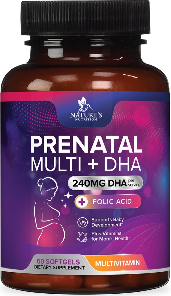 Folic Acid & DHA와 Prenatal 비타민, Folate & Omega 3의 여성, 비타민 A, C, D, B6, B12 & Iron, 임신 보충교재 - 60 Softgels를 가진 태아 뇌 발달 지원