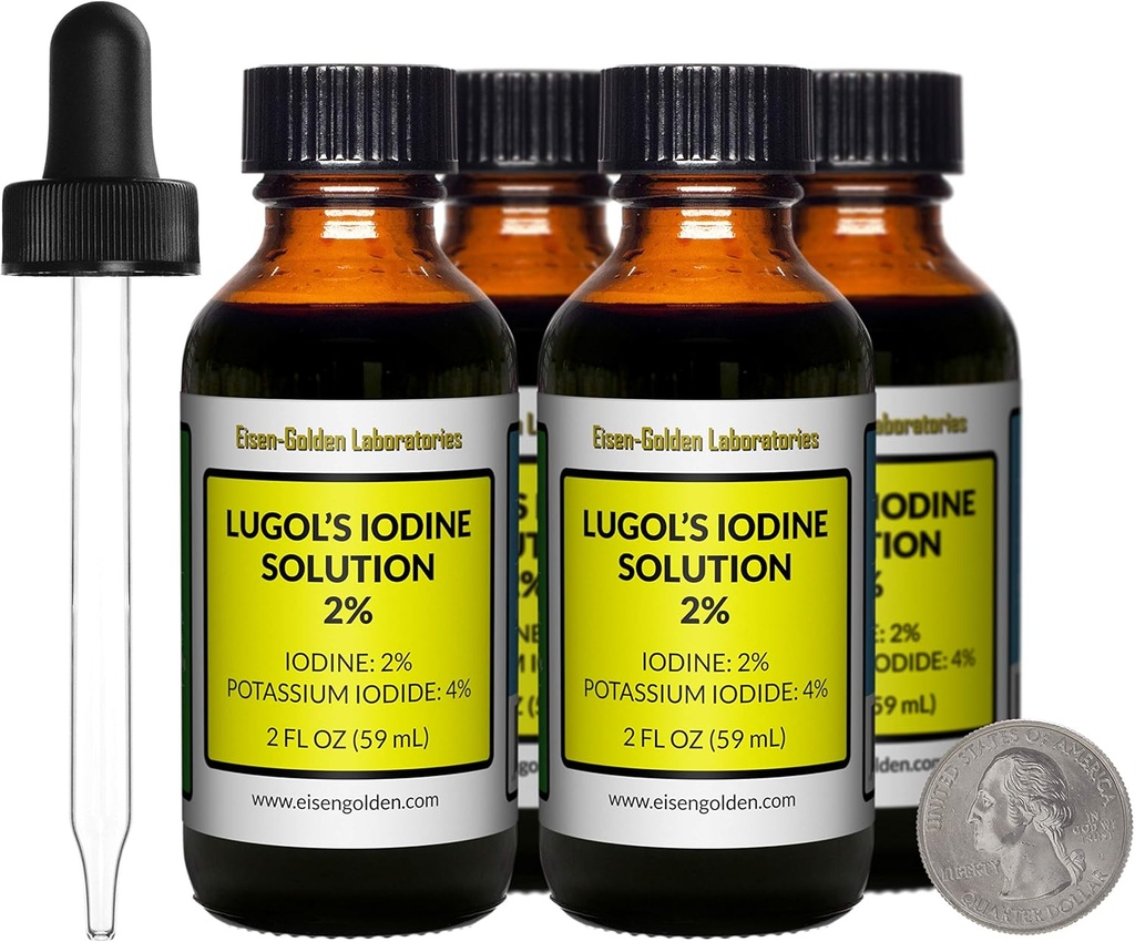 Lugol의 Iodine/2% 해결책/4개의 호박색 유리병/Free Droppers/USA에 있는 8개 Oz