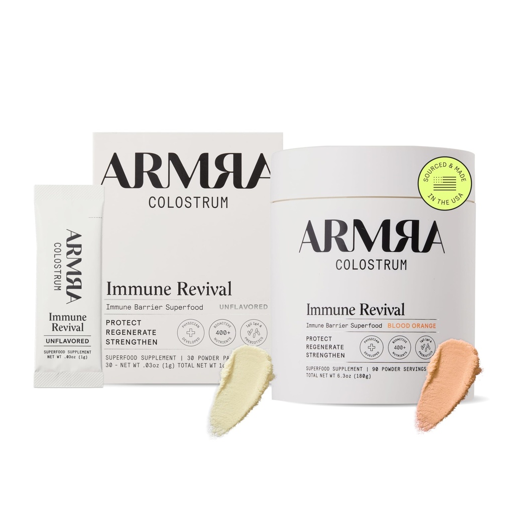 ARMRA ColostrumTM Premium Powder, Grass Fed, Gut Health Bloating Immunity Skin & Hair, 400+ Bioactive Nutrients, Potent Bioavailable, Keto, Gluten & Fat Free (Unflavored 30|Blood Orange 90)를 함유
