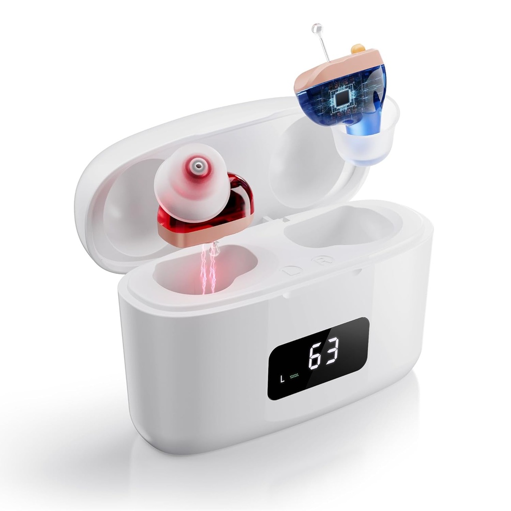 피드백 취소 및 노이즈 감소, 보이지 않는 CIC 보청기, 모든 일 착용, 26dB 이득, LED 디스플레이 3 모드에 대 한 수석에 대 한 충전 보청기