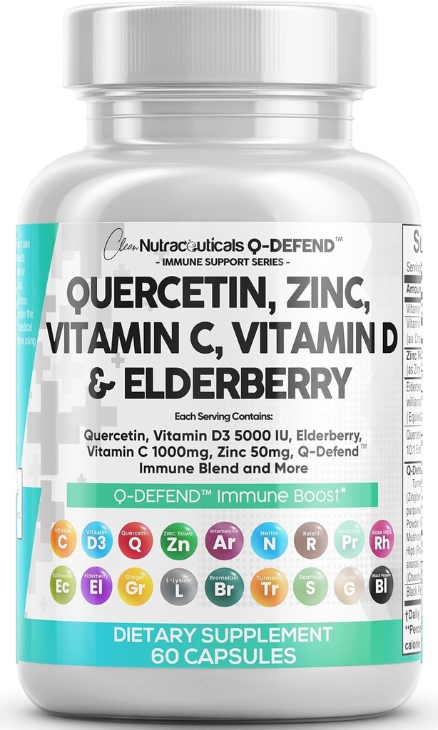 Q 아연 비타민 C 비타민 D Elderberry Turmeric Black Pepper Garlic Ginger Sea Moss Lysine Sting Nettle Reishi 버섯 Immune 지원 60 캡슐 Clean Nutra