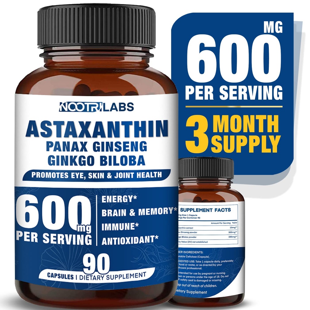 Astaxanthin 15mg + Panax Ginseng, Ginkgo Biloba 보충제, 90 Vegan 캡슐, 눈 건강 에너지, 심혈관 지원 + 면역 방어 및 초점 촉진