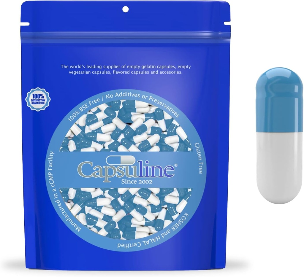 Capsuline 컬러 크기 0 빈 젤라틴 캡슐 블루 / 화이트 10000 카운트 |고저 & 할랄 인증 |Gluten Free