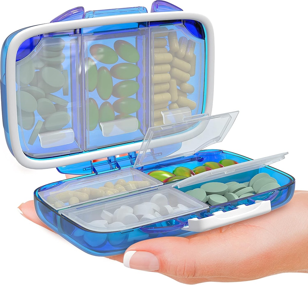 Travel Pill 주최자 - 7 Compartments가있는 방습 휴대용 비타민 홀더, Purse Essential Medicine Kit fot Traveling Pocket Pharmacy for Labels, Blue